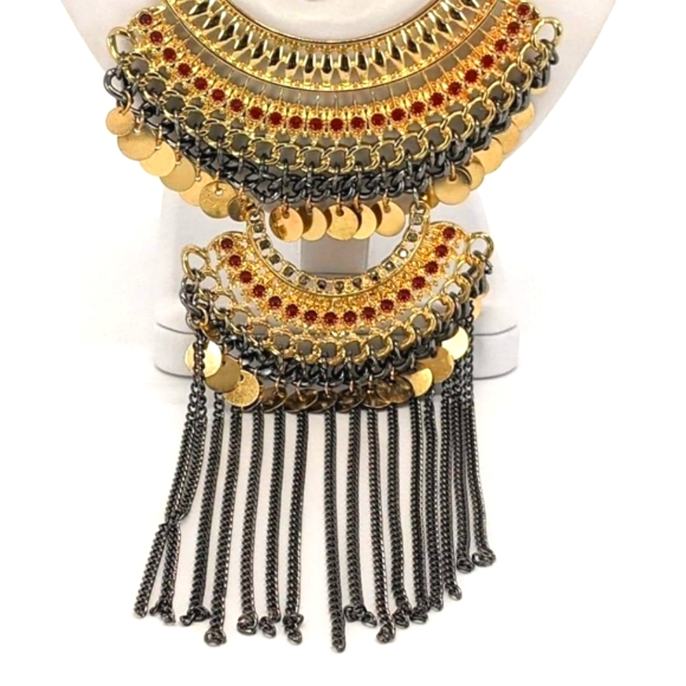 Bohemian Tribal Jewelry Set: Multi-Strand Coin Necklace & Earrings - Picture 9 of 10